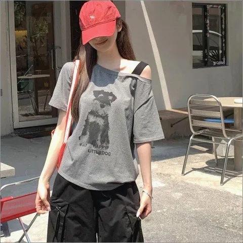 레터링티셔츠 반팔 언발 강아지 한쪽어깨 오프숄더 프린팅 여자 티셔츠