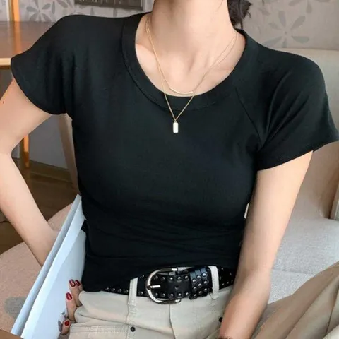 여름맨투맨 여성 U넥 반소매 티셔츠 여름 딱붙는 숏티셔츠 슬리브