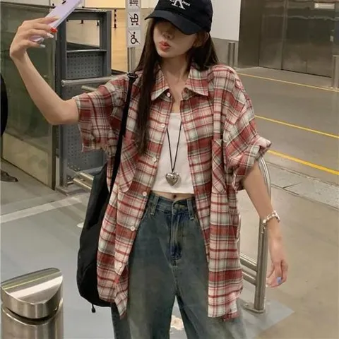 체크 카라 반팔 셔츠 루즈핏 루즈핏셔츠 블루 가디건