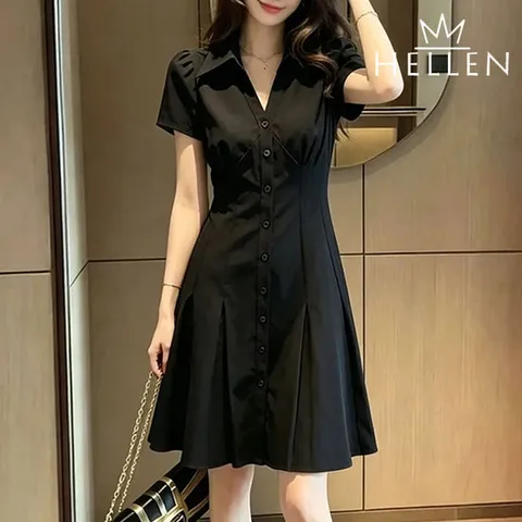 [헬렌] 미디 플레어핏 블랙 카라넥 반팔 원피스 반소매 말라핏 여름 하객룩 에이블원피스 T-248
