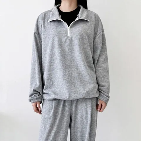 집업맨투맨 심플 데일리 웨어 여자 오버핏 반집업 맨투맨