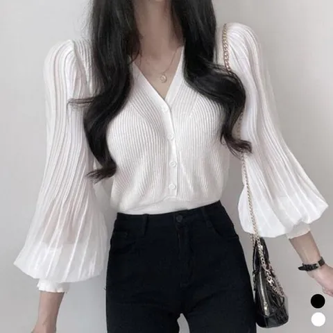 브이넥 골지 가디건 블라우스 유니크 러블리 퍼프셔링