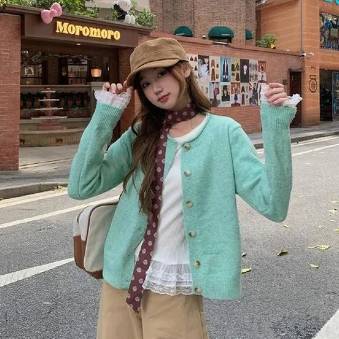 민트 라운드넥 버튼 가디건 러블리 데일리 감성 니트룩