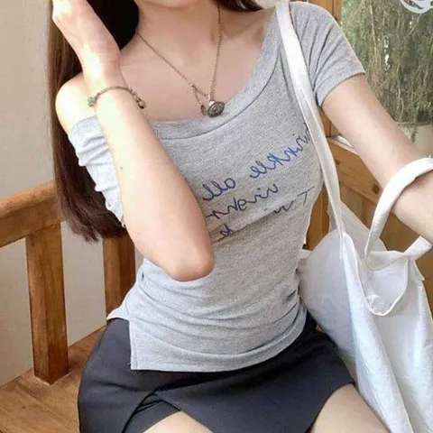오프숄더티 여성 레터링 오프숄더 반팔티 캐주얼 데일리 티셔츠