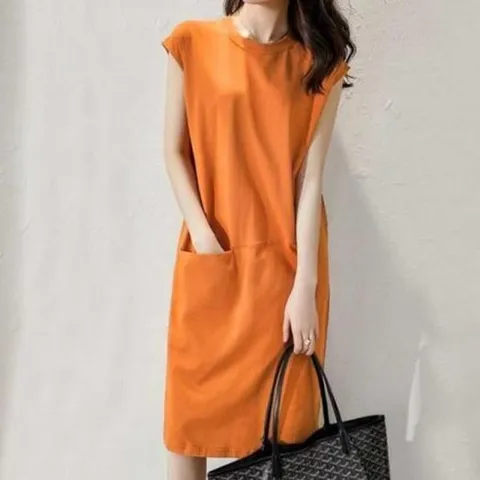 휴가 미디 포켓 이지룩 40대원피스 민소매원 라운드넥