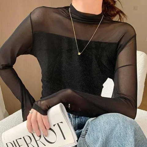 시스루블라우스 데일리 오피스룩 시크 시스루 폴라 티셔츠 홀복
