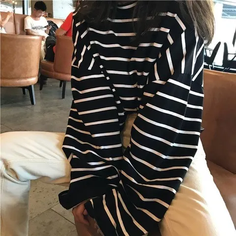 스트라이프티셔츠 데일리 박시핏 단가라 폴라넥 긴팔 티셔츠
