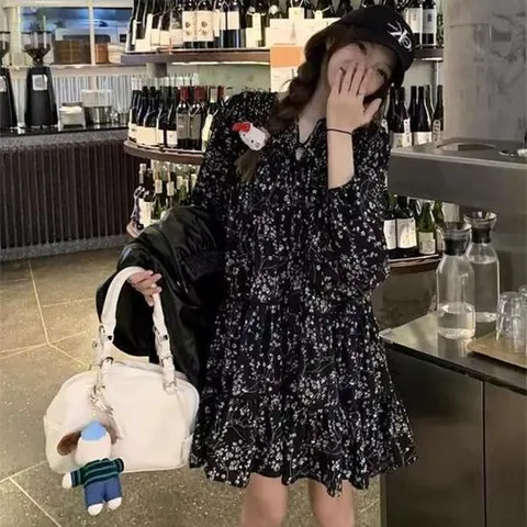 시폰원피스 여름 퍼프 꽃무늬 하객룩 드레스 블랙