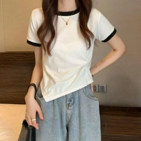 반팔티셔츠 셔링 배색 사선 2종 밑단 상의 여름