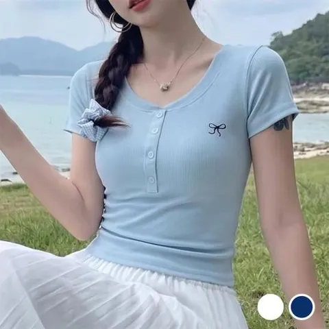 골지반팔티 티셔츠 반팔 버튼 리본 골지 자수