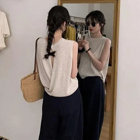 캐주얼룩 오픈 슬리브리스 텍스처 백 니트