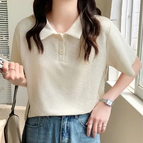 와플반팔티 여성 투버튼 와플 니트 반팔티 1P 짜임 여름 티셔츠