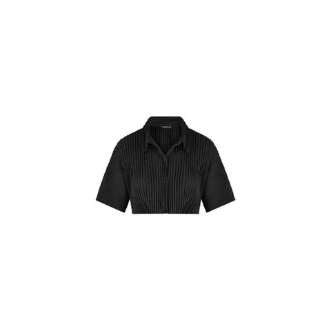 26 FW Maniere De Voir 모나 크롭 플리츠 블랙 반소매 셔츠 WMN3771 TP456475738