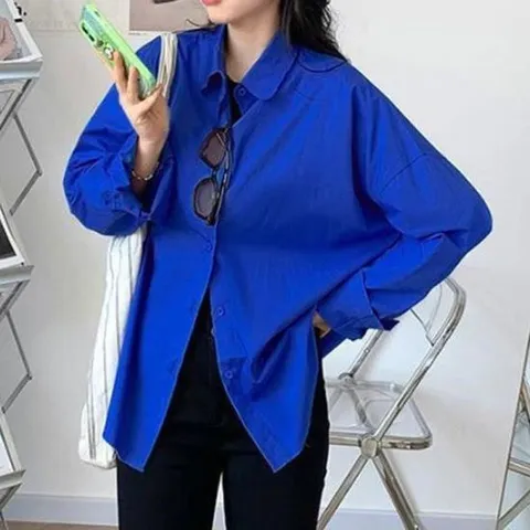여성셔츠 루즈핏 블루 긴팔 셔츠 면바지 코디 바캉스 데일리