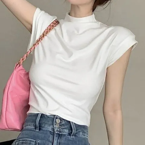크롭반팔 여성 무지 반폴라 크롭 반팔티 1P 터틀넥 캡소매 여름 티셔츠 간절기