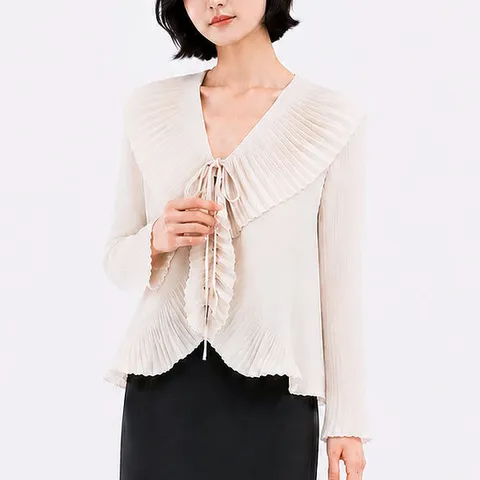 V넥 플리츠 러플 카라 리본끈 긴팔 가디건