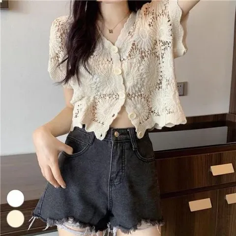 비치커버업 해바라기 자수 펀칭 그물 가디건 EL-1007931