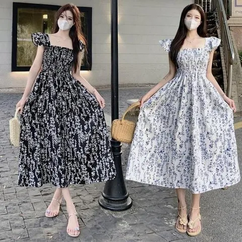 캐주얼원피스 여성 러블리 프릴 스모크밴딩 플라워 스퀘어넥 원피스
