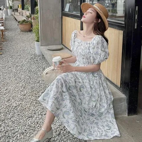 원피스코디 여자 30대 40대 스모크 밴딩 플라워 퍼프 소매 원피스