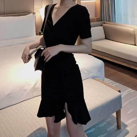 피로연원피스 미니 원피스 블랙 반팔 프릴스커트 언발 클럽