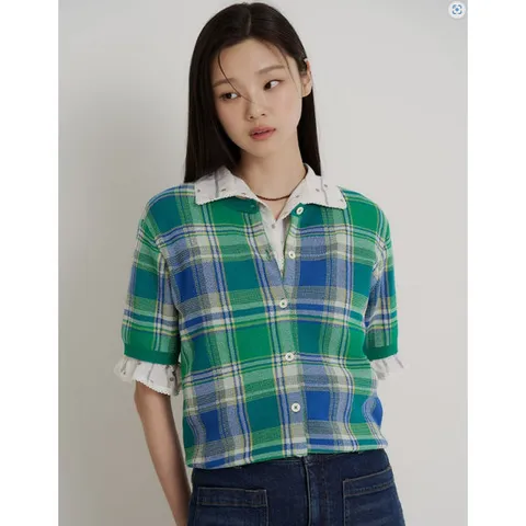 [ 현대백화점 ][빈폴레이디스]  체크 라운드넥 카디건 - 그린 (BF655AC02M)  BF655AC02M