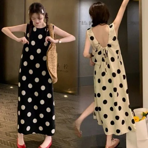 데이트룩 롱원피스 민소매 트임 나시 원피스 땡땡이 도트 반전 뒤태 블랙 베이지