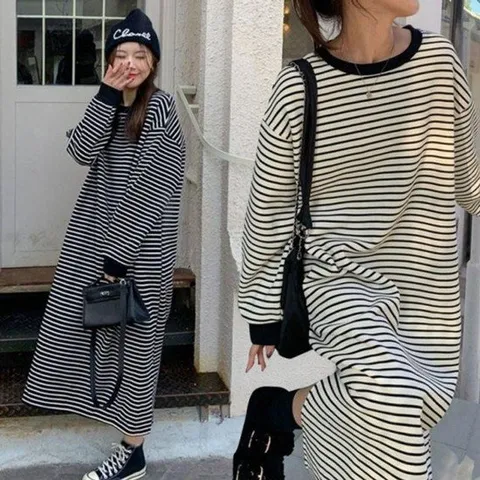 데이트룩 레이디스 동절기 사계절 원형넥 세로줄 롱슬리브원피스룩 맥시원피스 보아 두꺼운 가을철 트렌디 박시핏