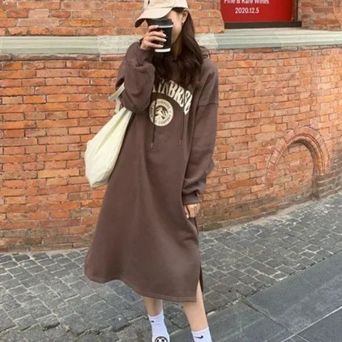 데이트룩 절개레이디스 후디 원피스룩 클래식 캐주얼룩 동절기 플리스 롱사이즈 롱드레스