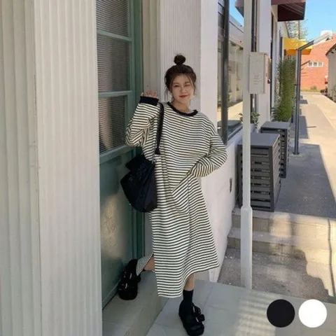 데이트룩 가로줄플러스사이즈 롱드레스 맥시원피스 플리스 심플 두꺼운 가을철 빅핏 동절기