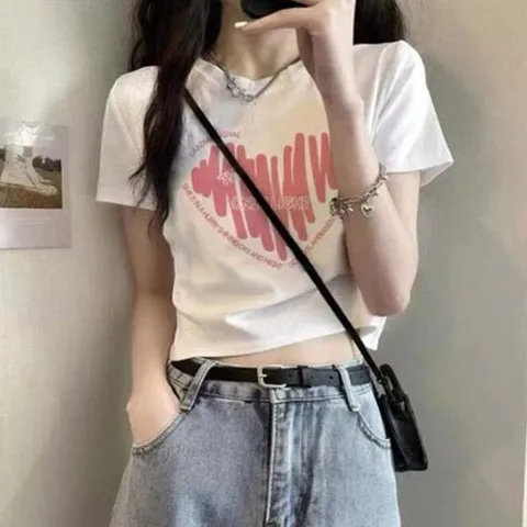 라운드넥 프린틱 크롭 여름 반팔 티셔츠 반팔티 세미크롭티 크롭티