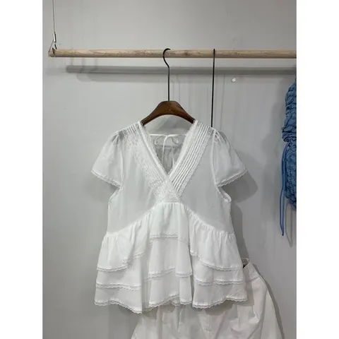 (FREE)디부 시스루 프릴 핀턱 백 스트랩 캡소매 블라우스 one color C