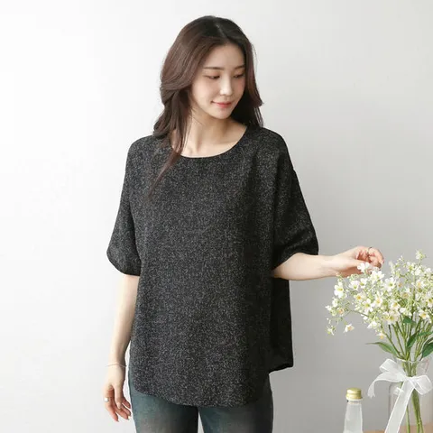 여성 밑단 라운드 트위드 박스 반팔 티셔츠 -TS1244G- 미시