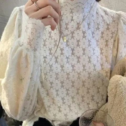 여성 시스루 레이스 터틀넥 블라우스