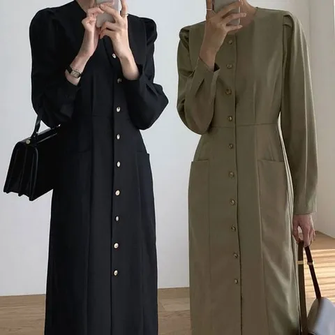 긴팔 라운드넥 롱 단정한 버튼 오피스룩 원피스 여자