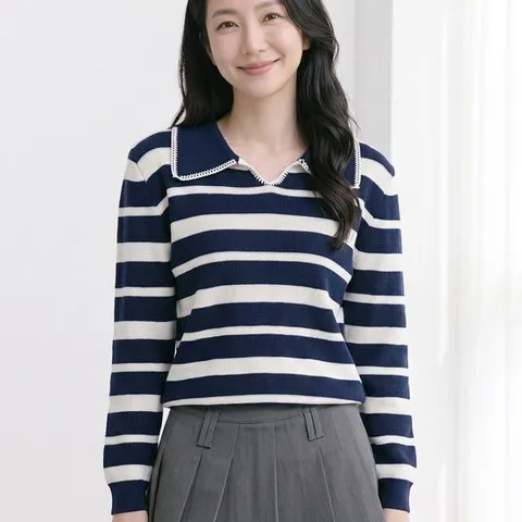 NK3742 캐주얼 스트라이프 오픈 카라 니트티