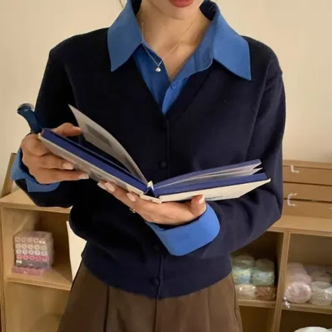 라운드넥 오피스룩 출근룩 카라넥 셔츠 레이어드 가디건 4컬러