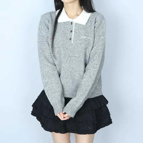 파라노말샵 / 3색 자수 카라 배색 니트티 (파라노말샵)