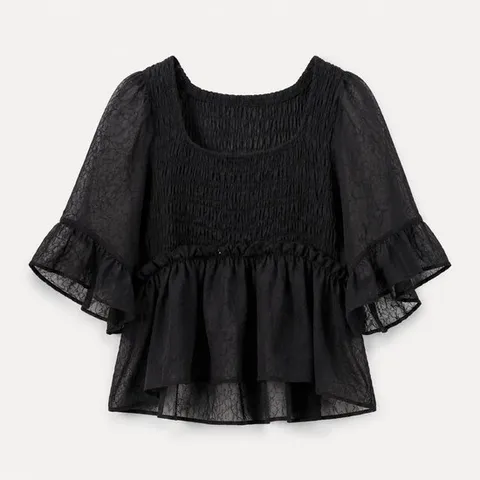 BLACK CRINKLED GEORGETTE SMOCK BLOUSE (F8611 099) (블랙 크링클 스모크 블라우스)