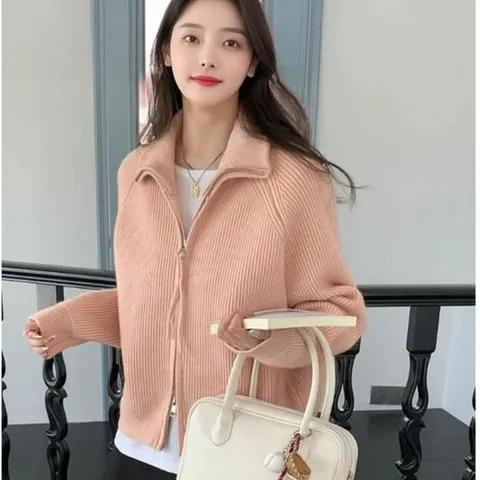 여자 가을 겨울 골지 하이넥 카라 지퍼 집업 가디건 니트 보라색가디건
