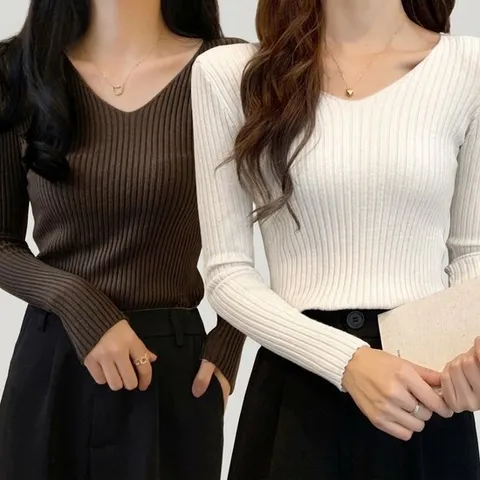 [골피아]베이직 골지 니트티 브이넥 여성 긴팔 이너 티셔츠