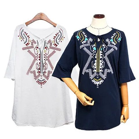 해피통통빅사이즈 보헤미안 5부소매티 루즈핏 슬라브 여성여름티