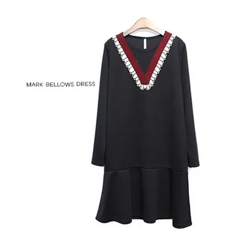 [해피통통] 빅사이즈 마크 원피스 루즈핏 여성 긴팔 오피스옷 큐티한 봄 가을 자바라 프릴 미시원피스