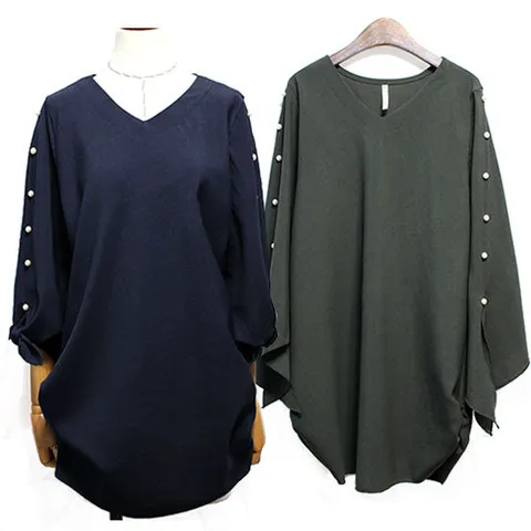 [해피통통] 여성 V진주 블라우스 빅사이즈 7부 오피스 출근 하객