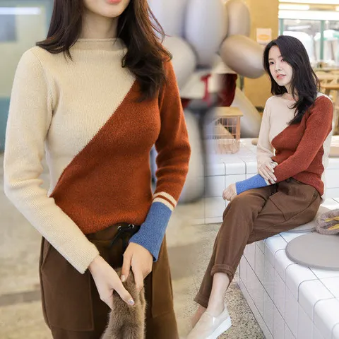 크러쉬 사선 배색 보트넥 니트