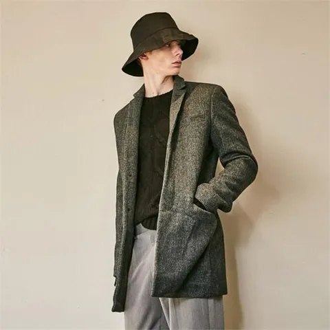 LEATHER LAPEL HERRINGBONE WOOL COAT JACKET_CHARCO