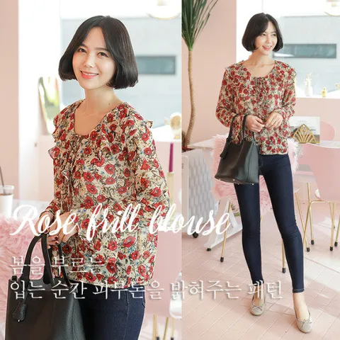 나인티 장미 프릴 쉬폰 블라우스