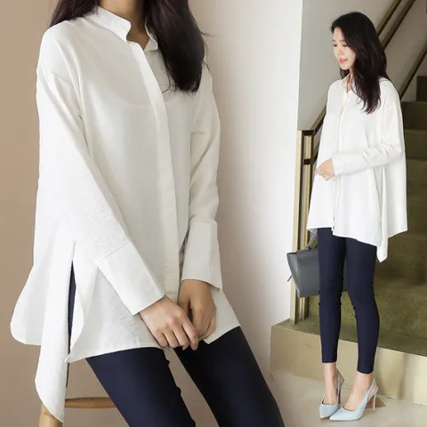 프룬 옆 트임 언발 차이나넥 블라우스