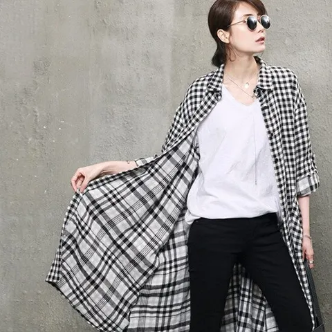 [하루메이비]A345 루즈핏 체크 롤업소매 롱 셔츠/면자켓