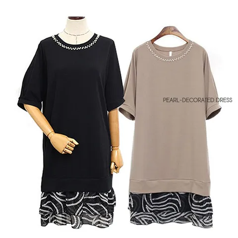 [해피통통] 빅사이즈 캉캉 반팔 원피스 여성 정장 쉬폰 배색원피스 여름용 오피스옷 미시 하객 여성의류