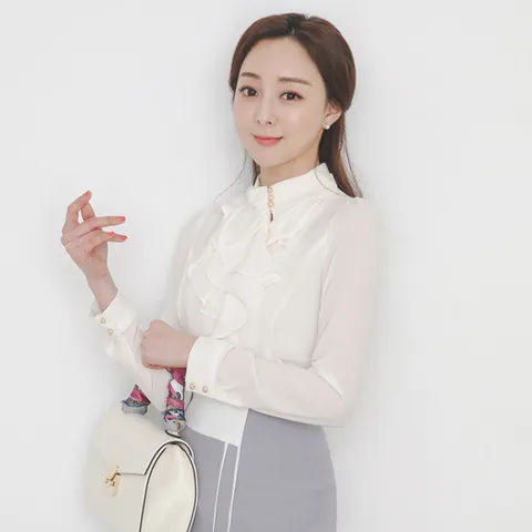 오드 BLG371 럭셔리 하이넥 프릴 러플 블라우스